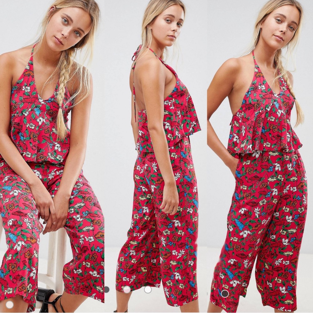 Zara Red Floral Halter Jumpsuit Wide Leg Ruffle Crop Summer Romper